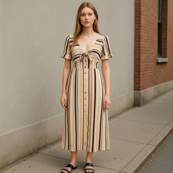 🎂 LOST + WANDER‎ Tie Front Multi-Color Striped Detail Midi Milkmaid Dress Small - Picture 1 of 16